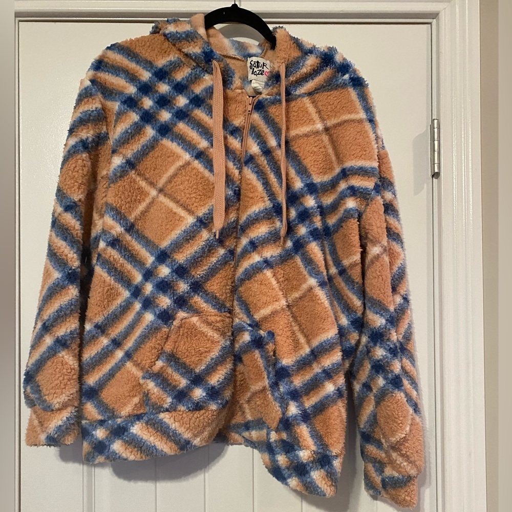 Satur Daze- Rocky Mountain Like Plaid Fleece Sherpa Hooded Pullover - XL